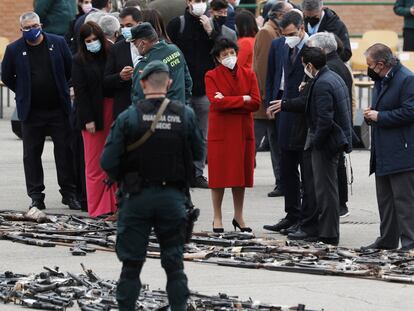 El presidente del Gobierno, Pedro Sánchez, en el acto institucional de destrucción de armas incautadas a bandas terroristas, en el Colegio de Guardias Jóvenes de Valdemoro (Madrid), este jueves.
