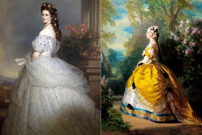Charles Worth abriría su maison en Rue de la Paix (París) en 1857. La imagen de su casa por excelencia sería Eugenia de Montijo, esposa de Napoleón III (dcha). Sin embargo, si hay un retrato monárquico reconocible es el de la emperatriz Sissi, inmortalizada por Franz Xaver Winterhalter con un vestido del couturier.