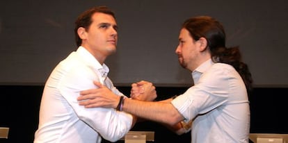 Albert Rivera y Pablo Iglesias, este viernes, en la Universidad Carlos III.