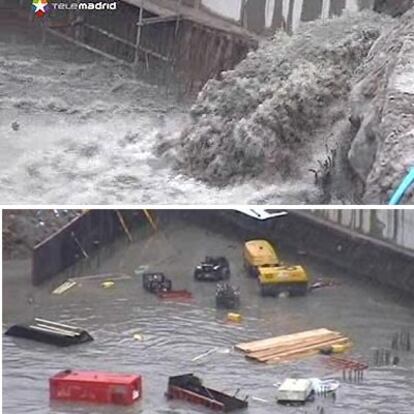 Arriba, el agua se desborda tras la rotura de un dique. La zona quedó como se ve en la imagen de abajo.