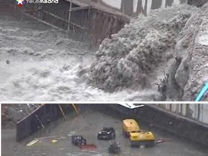 Arriba, el agua se desborda tras la rotura de un dique. La zona quedó como se ve en la imagen de abajo.