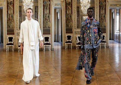 Una túnica con bordados de lúrex y pijama con estampado de cóctel pertenecientes a la colección Alta Sartoria de Dolce & Gabbana.