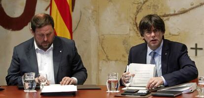 El presidente de la Generalitat de Catalu&ntilde;a, Oriol Junqueras, y el consejero de Econom&iacute;a, Oriol Puigdemont. 