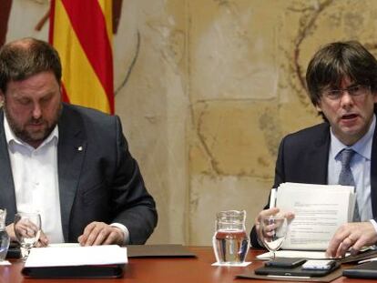 El presidente de la Generalitat de Catalu&ntilde;a, Oriol Junqueras, y el consejero de Econom&iacute;a, Oriol Puigdemont. 