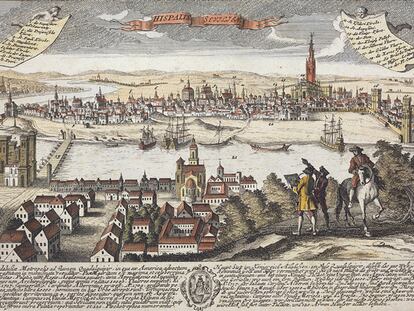 Grabado del puerto de Sevilla, hacia 1740.
