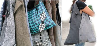 Dos imágenes con bolsos diseñados por la andaluza Ana Jiménez a partir de chaquetas y otras prendas en desuso.