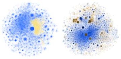 La desinformación (amarilla / marrón) se extiende dentro de la red Izquierda: las conspiraciones de los chemtrails se mezclan con conversaciones sobre el cielo. Derecha: las campañas antivacunas penetran en las discusiones sobre la gripe.