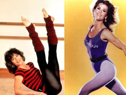 Tres fotos promocionales de Jane Fonda durante la etapa que popularizó globalmente su programa de gimnasia.
