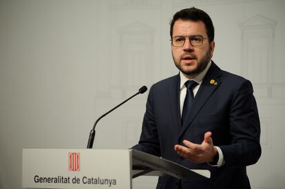 El president Pere Aragonès, este jueves, en una comparecencia en el Palau de la Generalitat.