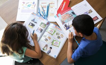 Una pareja de niños, con libros de primaria, en verano.
