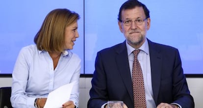 Cospedal i Rajoy, en la reunió del Comitè Executiu Nacional del PP, ahir.