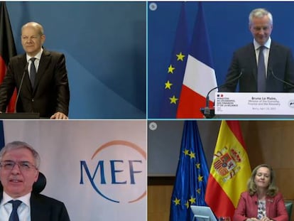 De arriba abajo y de izquierda a derecha, el vicecanciller alemán y ministro de Finanzas, Olaf Scholz, el ministro francés de Economía y Finanzas, Bruno Le Maire, el ministro italiano de Economía y Finanzas, Daniele Franco, y  la vicepresidenta segunda y ministra de Asuntos Económicos y Transformación Digital, Nadia Calviño.