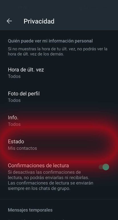 Estados en Ajsutes WhatsApp