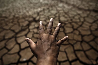 Um longo período de seca no estado de São Paulo. Na imagem, primeiro plano de uma mão sobre o terreno rachado da presa Jaguari, em Bragança Paulista, no dia 31 de janeiro de 2014.