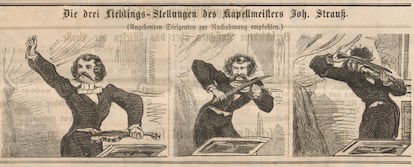 'Las tres posturas favoritas del maestro de capilla Strauss', caricatura de la revista satírica 'Kikeriki', publicada en 1864.