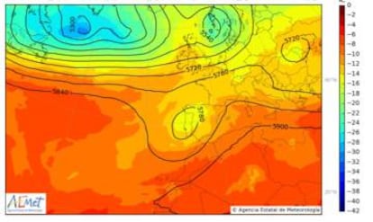 Mapa previsto para el día 8 a las 20.00, con la DANA situada sobre el oeste de la Península.