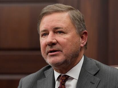 Oklahoma Attorney General Gentner Drummond speaks during an interview, on February 1, 2023, in Oklahoma City.