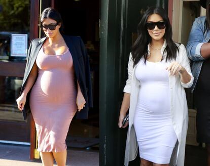 Kim Kardashian es madre de dos hijos: North West (2013) y Saint West (2015). La estrella ha llevado sus dos embarazos de manera parecida, sobre todo en cuanto a la forma de vestir. Kardashian tiene un 'look' fijo: vestido ajustado y chaqueta por encima para, cuenta, disimular las caderas.