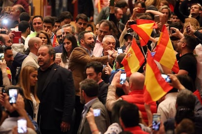 Vox leader Santiago Abascal greeting supporters.