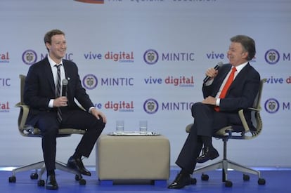 Zuckerberg y Juan Manuel Santos, este mi&eacute;rcoles en Bogot&aacute;.