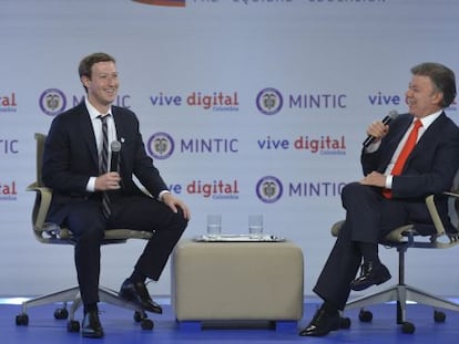 Zuckerberg y Juan Manuel Santos, este mi&eacute;rcoles en Bogot&aacute;.