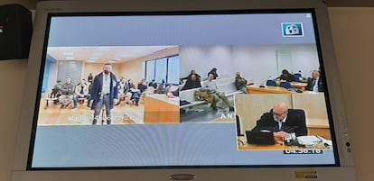 En la imagen de la izquierda, Laurentino Sánchez, alias 'Lauro', durante el juicio, este lunes, en un proyector de la Audiencia Nacional.