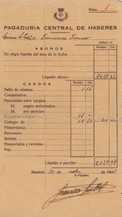 La nómina de Franco como jefe del Estado Mayor en noviembre de 1935.