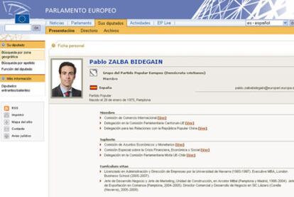 Captura de la página web del Parlamento Europeo con la ficha de Pablo Zalba.