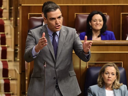 El presidente del Gobierno, Pedro Sánchez, interviene en una sesión de control, en el Congreso de los Diputados.