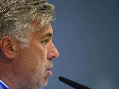 El técnico del Real Madrid, Carlo Ancelotti, durante la rueda de prensa