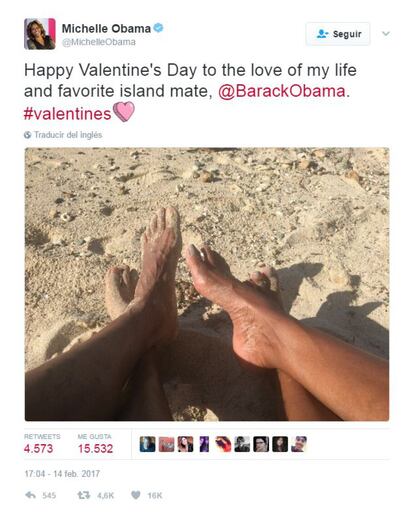 Michelle Obama ha felicitado San Valentín al "amor de mi vida", Barack Obama. 