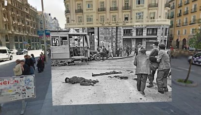 Un cadáver yace en la calle Montera en la Guerra Civil.