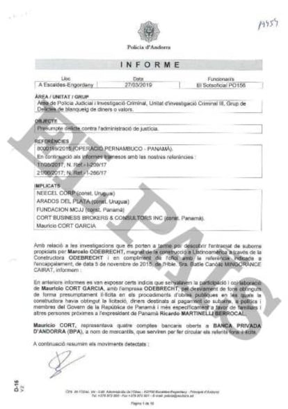 Informe de la Policía de Andorra fechado el pasado 27 de marzo sobre el abogado Mauricio Cort, FCC y Odebrecht.