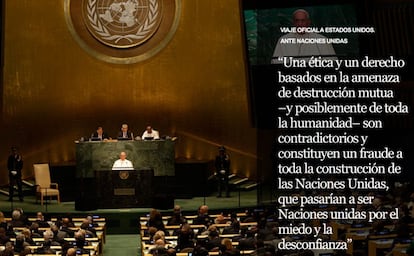 El papa Francisco, durante su intervención en la Cumbre de las Naciones Unidas para el Desarrollo Sostenible, en la sede de la ONU en Nueva York.