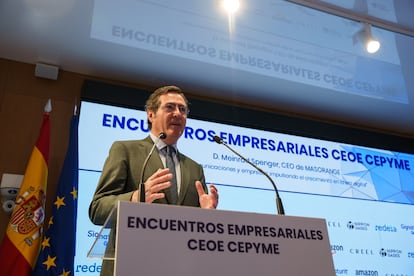 El presidente de la CEOE, Antonio Garamendi, durante un encuentro empresarial CEOE-CEPYME, en la sede de la CEOE este miércoles.