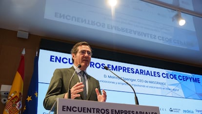 El presidente de la CEOE, Antonio Garamendi, durante un encuentro empresarial CEOE-CEPYME, en la sede de la CEOE este miércoles.