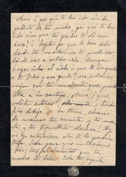 Carta autógrafa de 1924, en la que Zambrano habla de su hijo muerto.