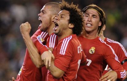 Pepe, Marcelo and Sergio Ramos celebrate a goal against Betis on Saturday.