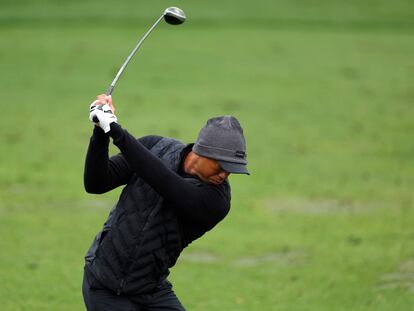 Tiger Woods of the United States warms up on the practice area during the third round of the 2023 Masters Tournament at Augusta National Golf Club on April 08, 2023 in Augusta, Georgia