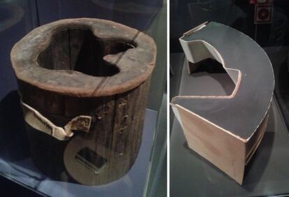 Motlle del gerro Savoy (esquerra) i una de les maquetes d'edificis, tots dos del finès Alvar Aalto