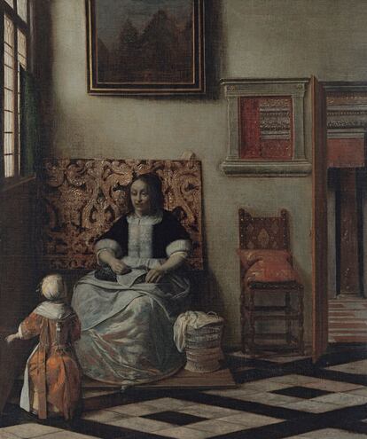 Pieter Hendricksz de Hooch, &#039;Interior con una mujer cosiendo y un ni&ntilde;o&#039; (1662-1668), &oacute;leo sobre lienzo