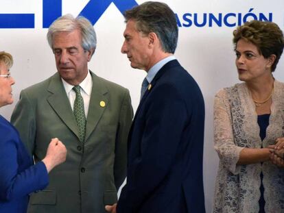 Presidentes Tabare Vazquez, Uruguai, Mauricio Macri, Argentina, Dilma Rousseff, Brasil, e Michelle Bachelet, Chile.