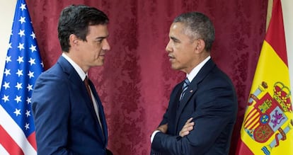 El líder socialista, Pedro Sánchez, durante la reunión privada con el presidente de EEUU.