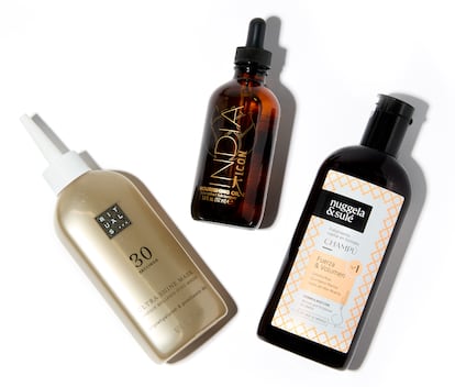 Mascarilla de brillo en 30 segundos, Ultra Shine Mask de RITUALS; aceite nutritivo Indian Oil, con aceites de argán, moringa y ámbar de I.C.O.N. y champú de cebolla roja Fuerza & Volumen de NUGGELA & SULÉ.