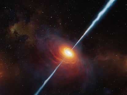 La impresión de este artista muestra cómo podrían haber sido el lejano quásar P172+18 y sus chorros de radio. Hasta la fecha (principios de 2021), este es el cuásar con chorros de radio más distante jamás encontrado y fue estudiado con la ayuda del Very Large Telescope de ESO.