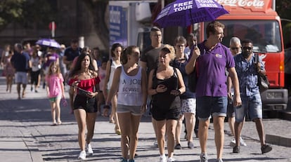 Un guía turístico conduce a un grupo de visitantes extranjeros por Sevilla.