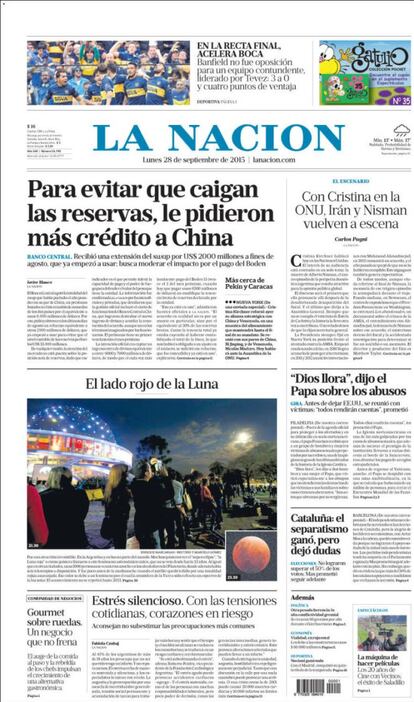 El argentino 'La Nación' dedica una pequeña llamada en su portada, que se titula: "Cataluña: el separatismo ganó, pero dejó dudas".