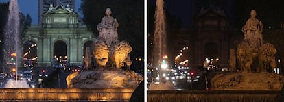 La Plaza de Cibeles, en Madrid, antes y durante La Hora del Planeta.