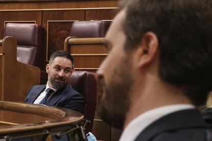 El líder de Vox, Santiago Abascal, y el líder del PP, Pablo Casado, durante el pleno de sesión de control al Gobierno el pasado miércoles.