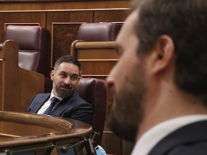 El líder de Vox, Santiago Abascal, y el líder del PP, Pablo Casado, durante el pleno de sesión de control al Gobierno el pasado miércoles.